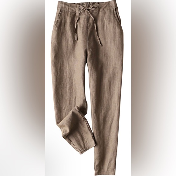 IXIMO Womens Tapered Pants 100%Linen Drawstring Back Elastic Waist Ankle Length - Picture 1 of 8